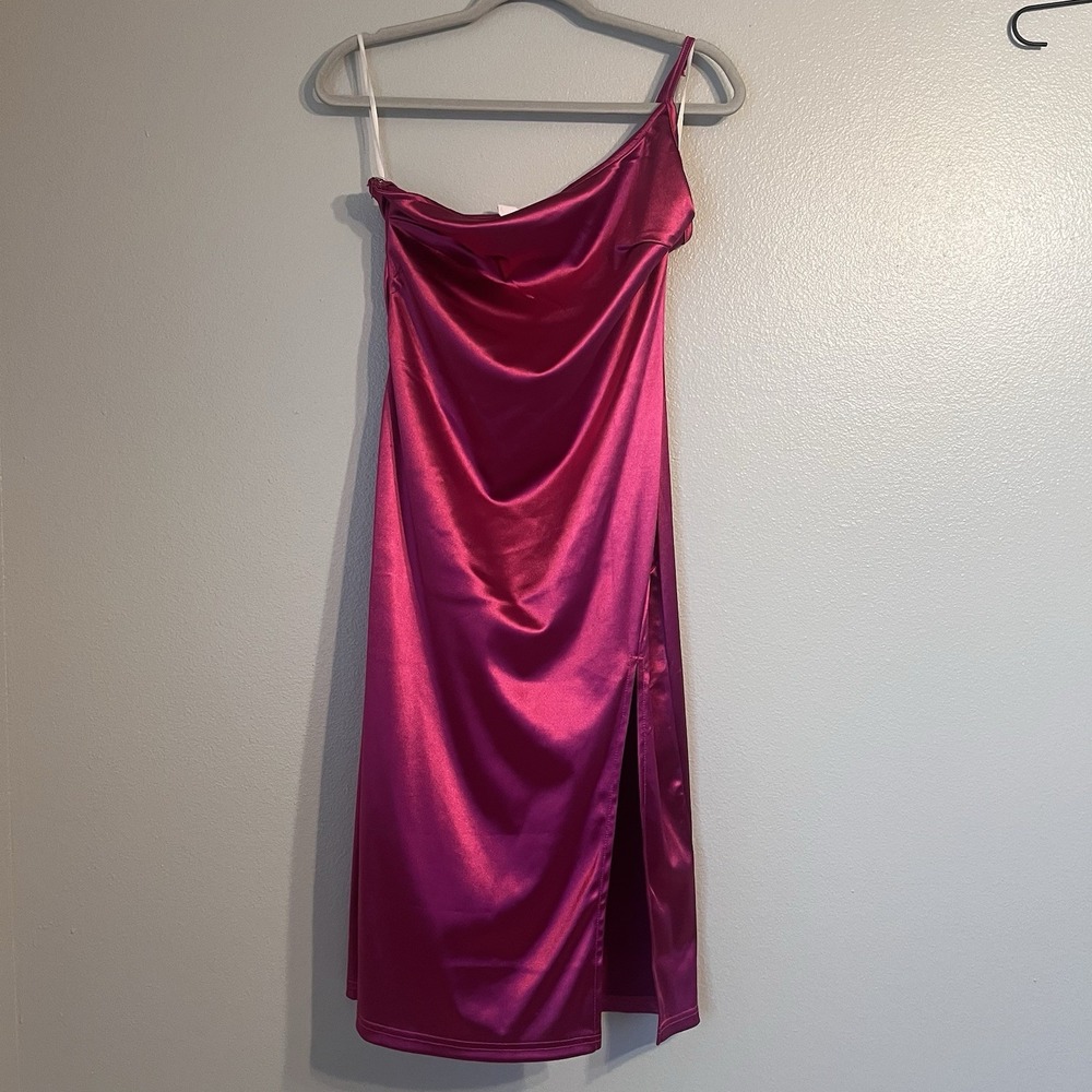 Women's Satin Pink Medium One Shoulder Adjustable Strap Dress Formal High Slit